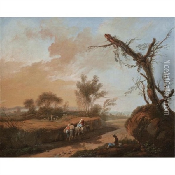 An Italianate Landscape With Travellers On A Track Oil Painting - Jean Baptiste Pillement