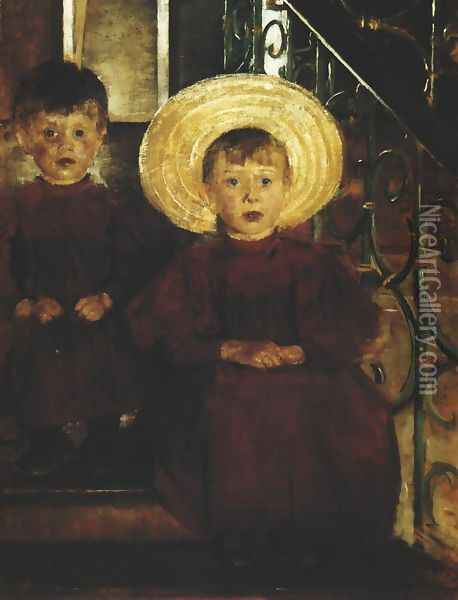 Portrait of Two Children on Steps Oil Painting - Olga Boznanska