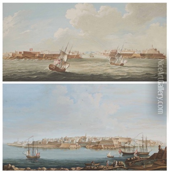 Deux Vues Du Port De Malte Avec Des Voiliers Au Premier Plan Oil Painting - Jean Baptiste Lallemand