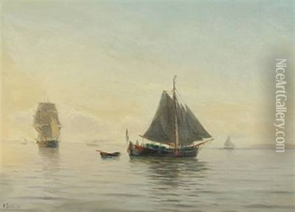 Seascape With Several Sailing Ships In The Morning Mist Oil Painting - Holger Luebbers