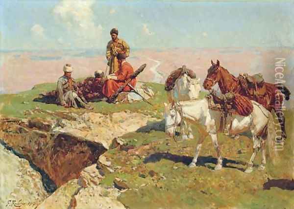 Caucasian riders Oil Painting - Franz Roubaud