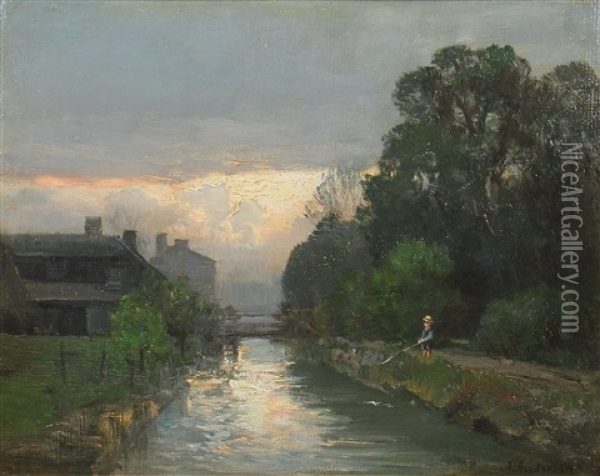 Angler Am Fluss Bei Sonnenuntergang Oil Painting - Anders Andersen-Lundby
