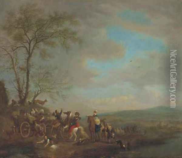 A hawking party disputing with travellers Oil Painting - Carel van Falens or Valens