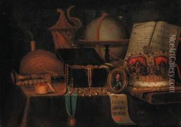 A Vanitas Still Life With A 
Globe, Crown, Sword, Jewel Casket, Anopen Book And A Miniature Of King 
Charles I Oil Painting - Edwart Collier