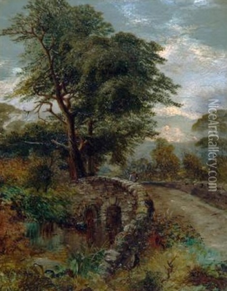 A Highland Glen With Figure Crossing A Bridge Oil Painting - Clarence Henry Roe