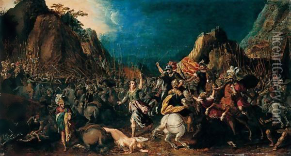 A Classical Battle Scene Oil Painting - Adriaen van Nieulandt