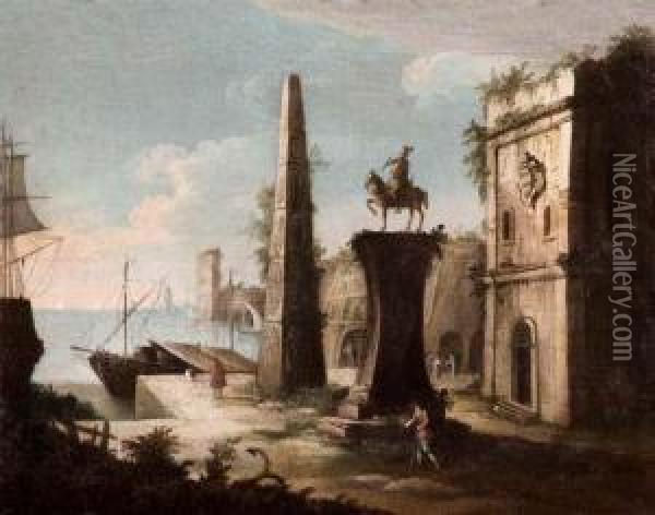 Capriccio Con Scorcio Di Laguna Veneta, Obelisco E Monumento Equestre Oil Painting - Antonio, Tonino Stom