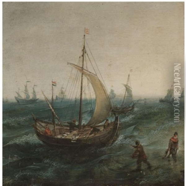 Fishermen And Their Boats In Stormy Seas Oil Painting - Cornelis Hendriksz Vroom
