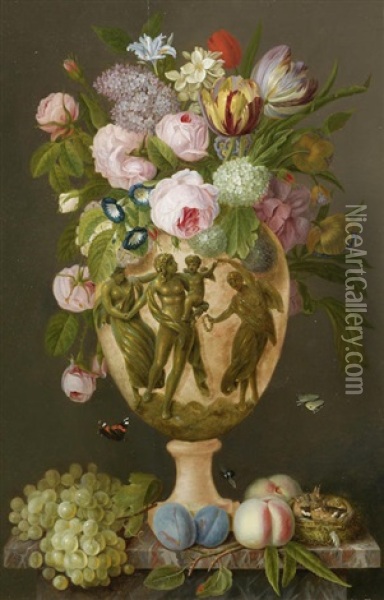 Roses, Tulips, Morning Glory And Other Flowers In A Vase On A Stone Ledge With Fruit And A Bird Nest Oil Painting - Michel Joseph Speeckaert
