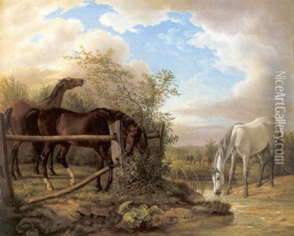Zwei Braune In Der Koppel Oil Painting - Albrecht Adam
