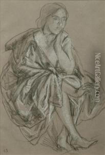 Study Of A Seated Woman Black And White Chalk Oil Painting - Charles Haslewood Shannon