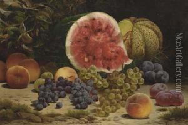 Still Life With Watermelon, Grapes, Peaches And Plums Oil Painting - William Mason Brown