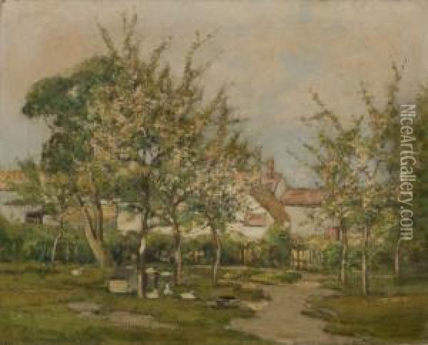 Bluhende Baume Vor Einem Gehoft Oil Painting - George Ii Graham