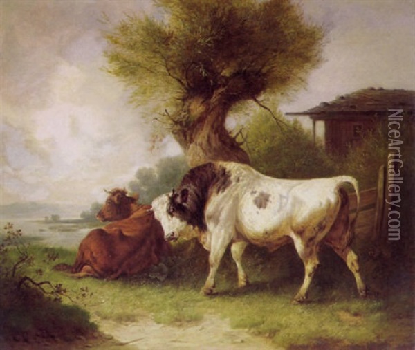 Stier Und Kuh Uber Einem Seeufer Oil Painting - Wilhelm Melchior