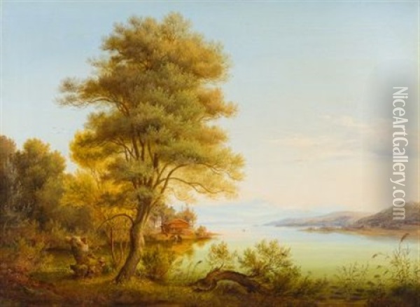 Seenlandschaft Mit Blick Auf Die Alpen Oil Painting - Andreas Geist