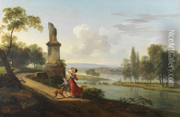 Sommerliche Flusslandschaft Mit Klassischen Ruinen Oil Painting - Pierre-Antoine Marchais