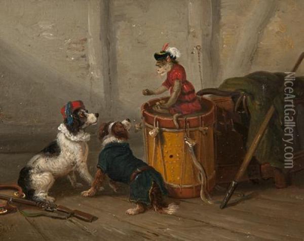Monkey Seated On A Drum Teasing Two Spaniels Oil Painting - Thomas Smythe