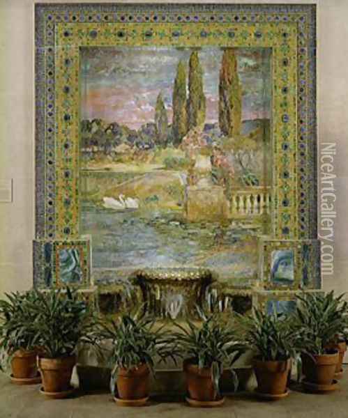 Garden Landscape and Fountain Oil Painting - Louis Comfort Tiffany