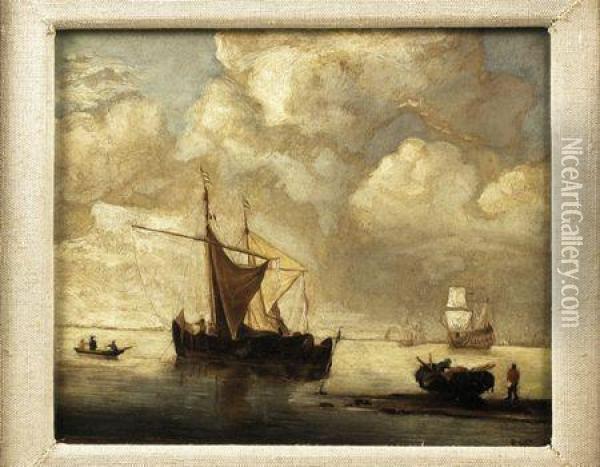 Fishing Boats Moored Offshore Oil Painting - Willem van de, the Elder Velde
