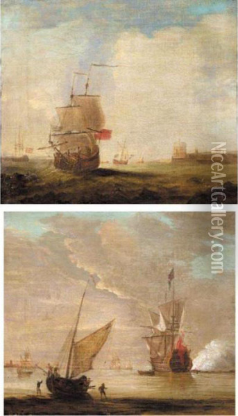 Seascape With An English Ship In A Moderate Wind, A Coastal Fort In The Distance Oil Painting - Willem van de, the Elder Velde