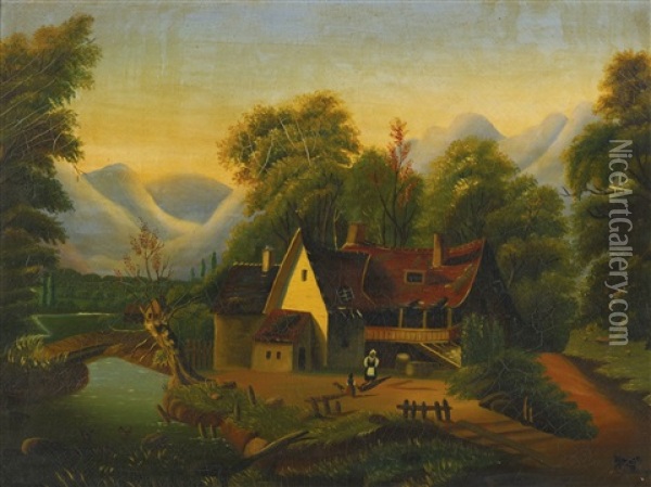 Tumble-down Cottage By A Stream, A Black Woman In The Yard Oil Painting - Thomas Chambers