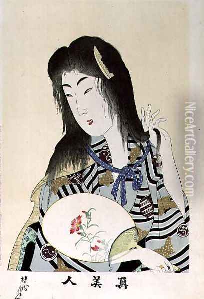 1973-22c Shin Bijin (True Beauties) depicting a woman with a fan, from a series of 36, modelled on an earlier Oil Painting - Toyohara Chikanobu