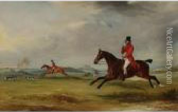 Lord Robert Manners On Benefit, 
Lord Charles On Featherlegs, And The Duke Of Rutland Hunting Near 
Belvoir Castle Oil Painting - John Snr Ferneley