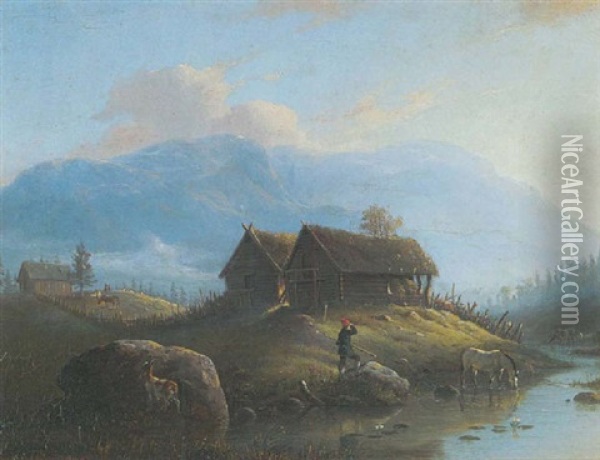 Fyresaetter - Sennhutten... Im Hardanger Oil Painting - Johannes Bartholomaeus Duntze