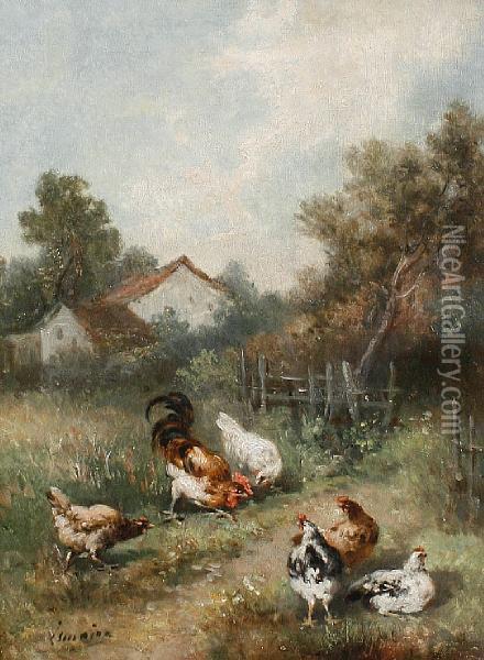 Chickens On A Country Path Oil Painting - Louis Marie Lemaire