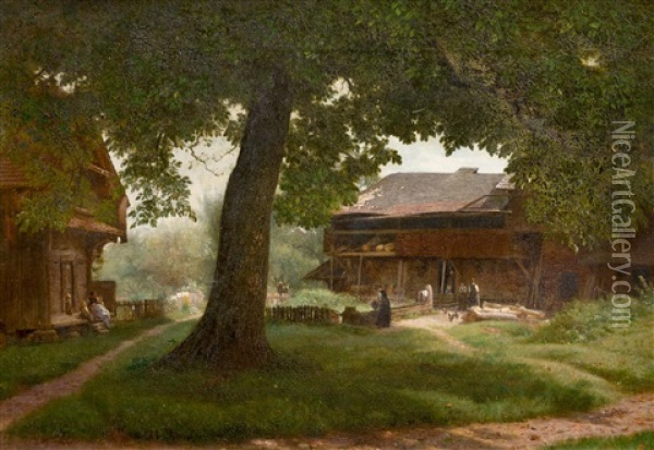 Magde Und Kinder, An Einem Sonnigen Sommertag, Vor Dem Bauerngehoft Oil Painting - Johann-Joseph Geisser