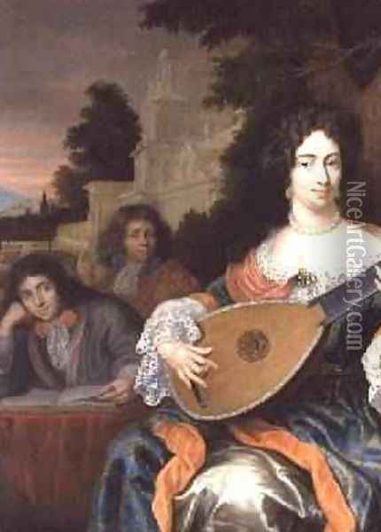 A Woman playing a Lute with her two sons behind her Oil Painting - Constantin Netscher