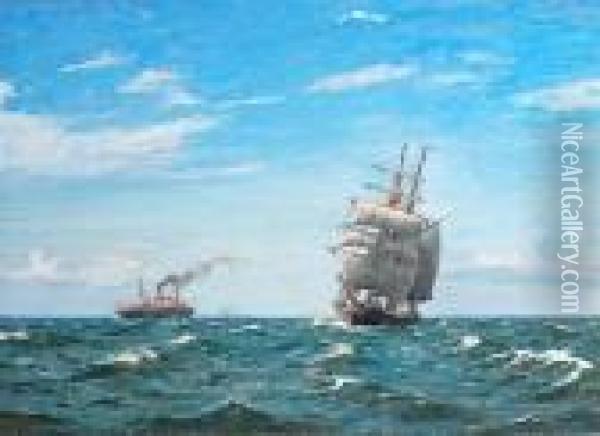 Ships In Open Sea. Signed Chr. Benjamin Olsen Oil Painting - Christian Benjamin Olsen