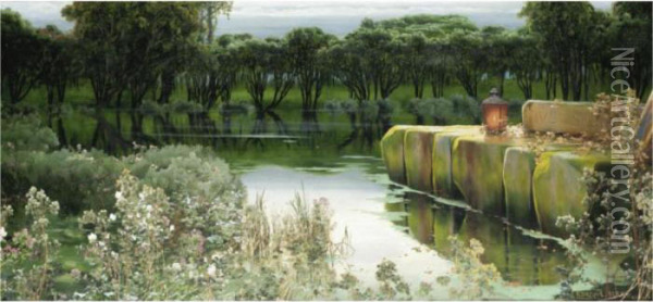 A Lagoon At Dusk Oil Painting - Enrique Serra y Auque