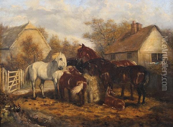 Horses In A Paddock Oil Painting - John Frederick Herring Snr