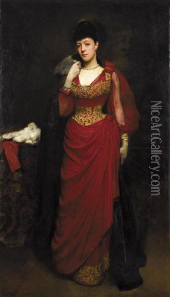 Lady In A Red Dress With A Shawl By Tradition Bessie Burton Oil Painting - William Logsdail