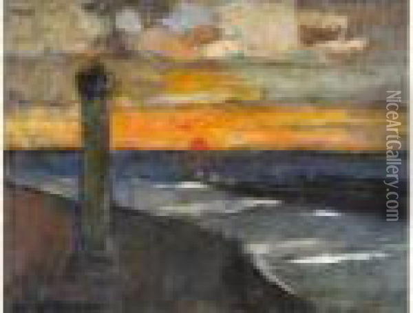 Soleil Couchant A Ostende (1928) Oil Painting - Auguste Oleffe
