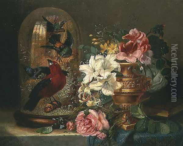 Still Life with Flowers and Birds Oil Painting - William John Wainwright