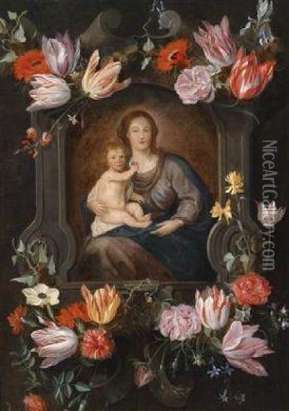 The Virgin And Child Surrounded By A Floral Cartouche Oil Painting - Jan Brueghel the Younger