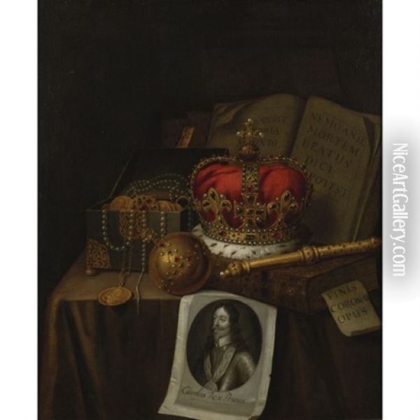 Vanitas Still Life With Crown, Jewels And An Engraving Of Charles I Of England Oil Painting - Edward Collier