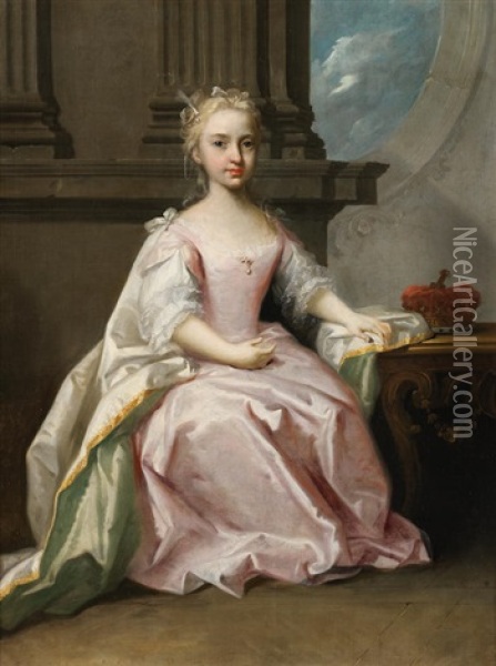 Portrait Of Princess Mary (1723-1772), Full-length, In A Pink Dress, Seated In An Interior Oil Painting - Jacopo Amigoni