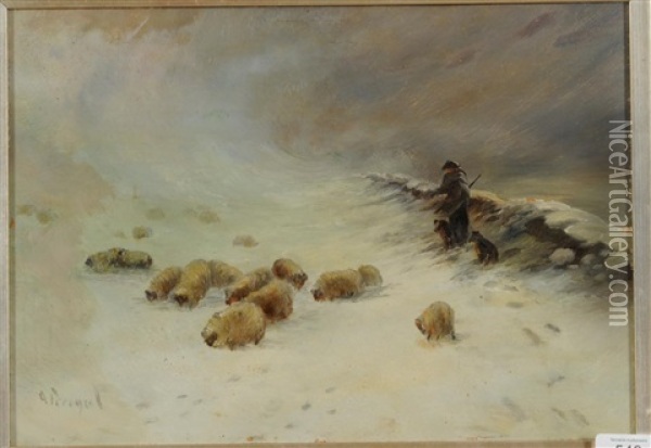 A Flock Of Sheep And Shepherd In Heavy Snow Oil Painting - Arthur Perigal the Younger