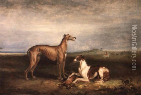Portrait Of Greyhounds Jamie Forest And Queen Mary Oil Painting - Henry Calvert
