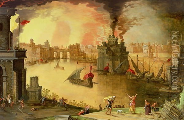 The Burning of Troy Oil Painting - Louis de Caulery