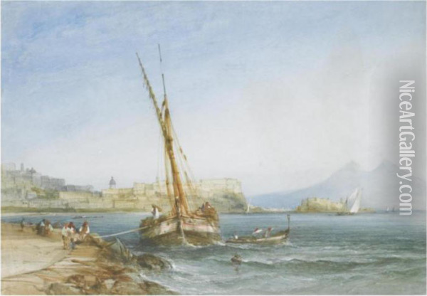 Boats In The Harbour, Naples Oil Painting - William Callow