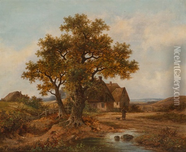 Bauernhauser In Weiter Landschaft Oil Painting - Hendrik Pieter Koekkoek