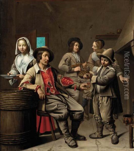 Peasants Drinking And Music Making In A Tavern Oil Painting - Le Maitre Des Corteges