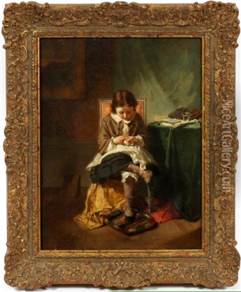 Young Girl Sewing Oil Painting - Isidore Patrois