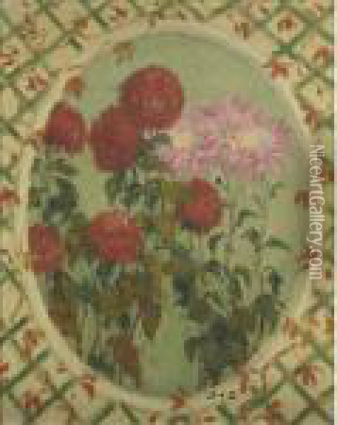Chrysanthemes Dans Un Ovale Oil Painting - Georges dEspagnat