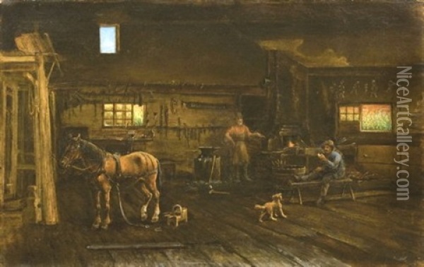The Blacksmith Shop, Roots Tavern, Adirondacks Oil Painting - Henry A. Ferguson
