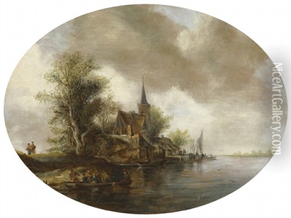 River Landscape With Church And Ferry Boat Oil Painting - Frans de Hulst